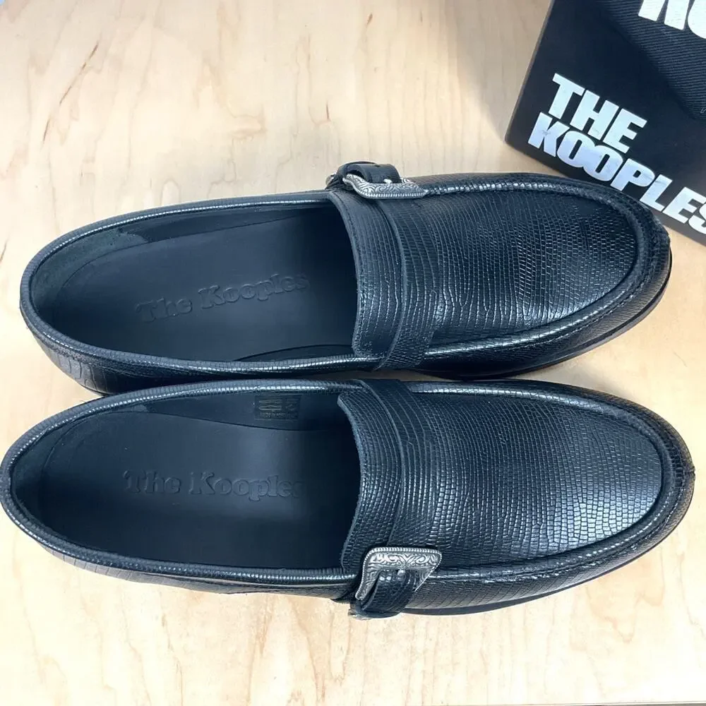 The Kooples Leather Snake Skin Pattern Silver Buckle Black Loafers‎ NIB FR 43